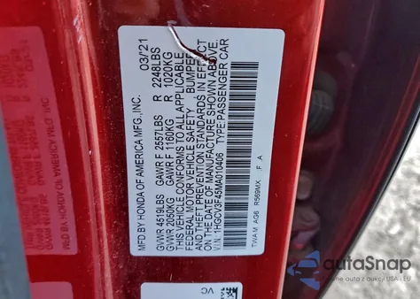 2021 Honda Accord Hybrid Ex from USA, damaged, VIN 1HGCV3F45MA010406